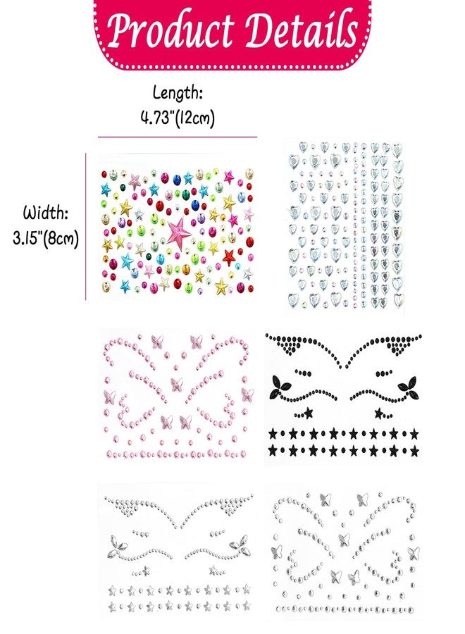 Aroncent Face Gems Stickers Self-Adhesive: 6 Sheets Rhinestone Face Jewels for Halloween Makeup Festival Party - Butterfly Star Pattern Facial Gems for Women - Image 2